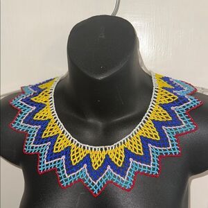 Vintage Native American white, yellow, blue, pink, aqua &‎ red seed bead collar